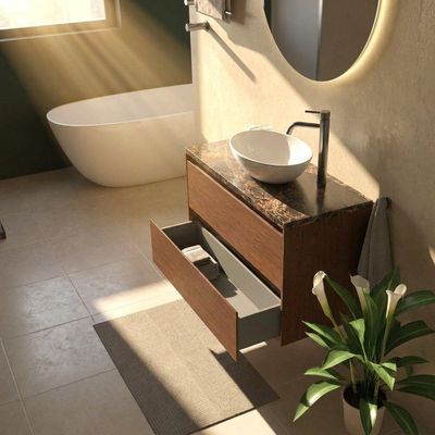 Saniclass Holz Pure Ensemble meuble de salle de bains - 100x45x63cm - Plan de travail en pierre naturelle Noche dark emperador - 1 trou de robinet - 2 tiroirs - noyer pure mat (bois)