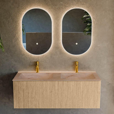 MONDIAZ KURVE-DLUX Meuble de salle de bains 120cm couleur Chêne avec 1 tiroir et 0 porte. Lavabo LEAF Double 2 trous de robinet Saba.