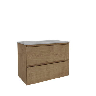 Saniclass Holz Atelier Meuble de salle de bain - 80x45x60cm - lavabo en céramique blanc - 1 vasque - sans trous de robinet - 2 tiroirs - Chêne Natural