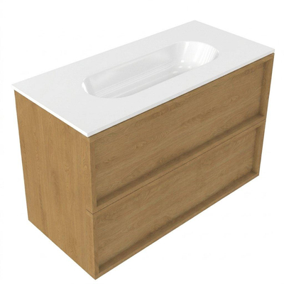 Saniclass Holz Frame Ensemble meuble de salle de bains - 100x45x73.9cm - lavabo Chaci en céramique blanc - 1 vasque - sans trou de robinetterie - 2 tiroirs - chêne natural mat (bois)