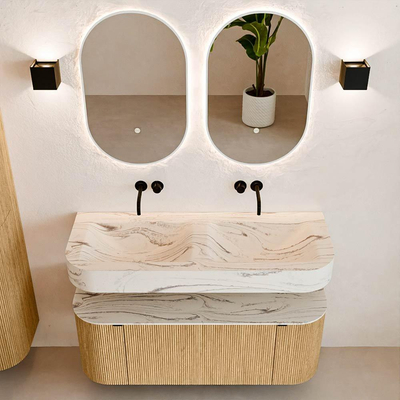 MONDIAZ THOR-DLUX 120cm badmeubel ronding links + rechts kleur Oak met 1 lade en 2 deuren. Vrijhangende wastafel CLOUD Dubbel zonder kraangat kleur Nata.