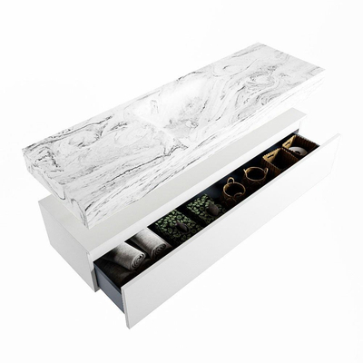 Mondiaz ALAN-DLUX Ensemble de meuble - 150cm - meuble Talc mat - 1 tiroir - Lavabo Cloud Glace suspendu - vasque Centre - 0 trous de robinet