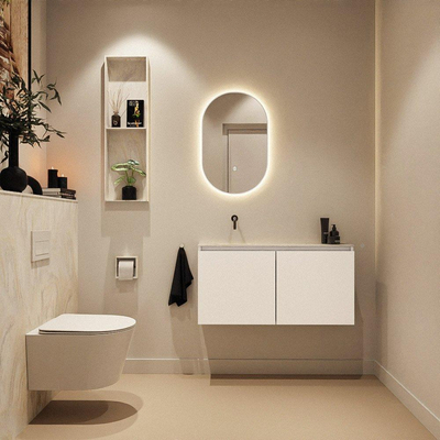 MONDIAZ TURE-DLUX Meuble toilette - 100cm - Talc - EDEN - vasque Ostra - position gauche - sans trou de robinet