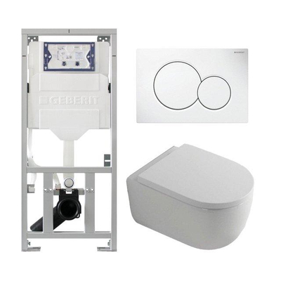 QeramiQ Dely Swirl Pack WC - 36.5x53cm - réservoir encastré Geberit UP320 - 35mm Abattant WC - plaque de déclenchement sigma blanche - boutons ronds - blanc mat