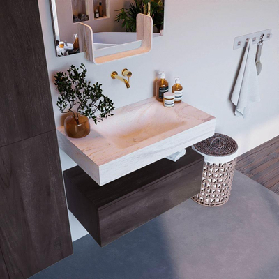 Mondiaz ALAN-DLUX Ensemble meuble de salle de bains - 120x46cm - 1 tiroir - lavabo suspendu - sans trous de robinet - 1 central - brun foncé (chêne foncé)