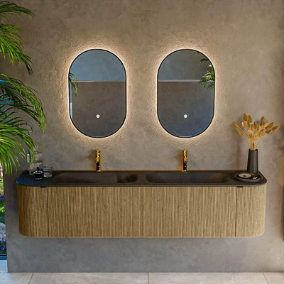 Mondiaz KURVE Badkamermeubelset - 190x46x40cm - 2 lade - 2 deuren - wastafel solid surface - dubbel - 2 kraangaten - Dusk