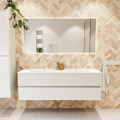 MONDIAZ VICA meuble sous lavabo 150cm Talc 2 tiroirs. Lavabo MOON double sans trou de robinet, couleur Talc.