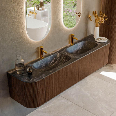 MONDIAZ KURVE-DLUX meuble de salle de bains 190cm avec module 25 Len R couleur Walnut avec 2 tiroirs et 2 portes. Vasque STOR SMALL double 2 trous de robinet couleur Lava.