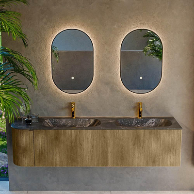 Mondiaz KURVE-DLUX Ensemble de meuble salle de bain - 175x46x40cm - 2 tiroirs - 1 porte - lavabo en solid surface - double / droite - 2 trous de robinet - Dusk