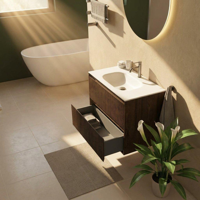 Saniclass Holz Atelier Ensemble meuble de salle de bains - 80x45x61.5cm - lavabo Flow en solid surface blanc - 1 vasque - 1 trou de robinetterie - 2 tiroirs - chêne charcoal mat (bois)