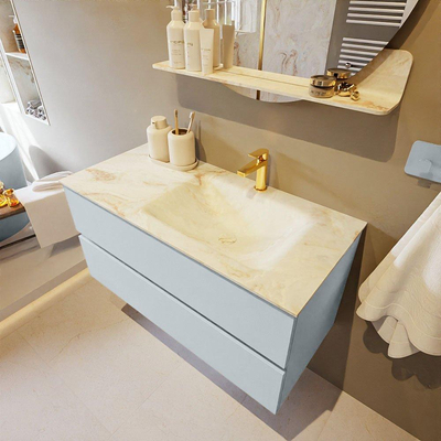 Mondiaz VICA-DLUX Ensemble de meuble de salle de bain - 100cm - meuble sous-vasque argile - 2 tiroirs - lavabo encastré nuage droite - 1 trou de robinet - version haute 60cm - frape