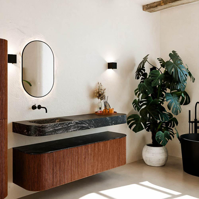 MONDIAZ THOR-DLUX 160cm meuble de salle de bains arrondi gauche + droite couleur Ruby avec 1 tiroir et 2 portes. Vasque suspendue CLOUD Gauche sans trou de robinet couleur Lava.