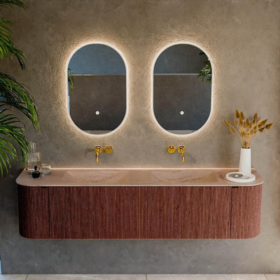 MONDIAZ KURVE-DLUX Meuble de salle de bains 180cm arrondi gauche + droite couleur Ruby avec 2 tiroirs et 2 portes. Lavabo LEAF Double sans trou de robinet Saba.