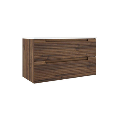 Saniclass Prime Balance Meuble de salle de bain - 100x55x45cm - 1 vasque ovale en céramique blanc - 1 trou de robinet - 2 tiroirs - miroir rectangulaire - noyer