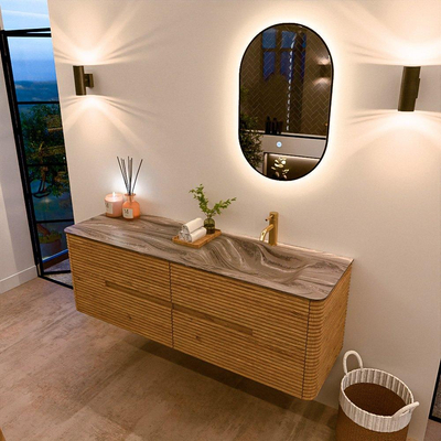 Mondiaz CIRO-DLUX Badkamermeubelset - 150x45x50cm - Solid surface wastafel Sombra - 1 wasbak Rechts - 1 kraangat - 4 lades - Oak