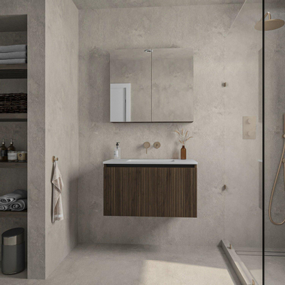 Saniclass Holz Base Ensemble meuble de salle de bains - 80cm - 1 vasque céramique blanche - sans trou de robinet - 1 tiroir - Armoire miroir - chêne foncé