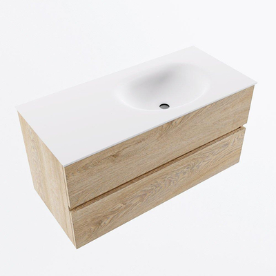 Mondiaz VICA ensemble de meuble de salle de bain - 100cm - meuble sous-vasque chêne blanchi - 2 tiroirs - lavabo lune droite - 1 trou de robinet - version haute de 60cm - talc