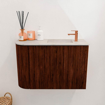 Mondiaz JOYA-DLUX 61.6cm toiletmeubel - ronding links kleur Ruby - Wastafel FAYE positie Rechts 1 kraangat kleur Ostra.