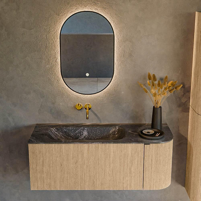 MONDIAZ KURVE-DLUX 115cm badmeubel met module 25 R kleur Oak met 1 lade en 1 deur. Wastafel BIG SMALL links zonder kraangat kleur Lava.