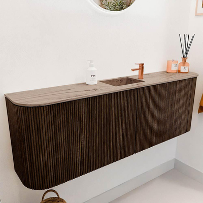 Mondiaz JOYA-DLUX 123.2cm toiletmeubel - ronding links en rechts kleur Walnut - Wastafel FAYE positie Midden 1 kraangat kleur Arena.