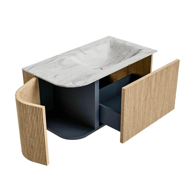 MONDIAZ KURVE-DLUX 85cm Meuble salle de bain avec module 25 G - couleur Oak - 1 tiroir - 1 porte - vasque CLOUD droite - 1 trou de robinet - couleur Glace