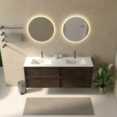 Saniclass Holz Frame Ensemble meuble de salle de bains - 160x45x62cm - Lavabo Vygo en céramique blanc - 2 vasques - 2 trous de robinet - 4 tiroirs - chêne charcoal mat (bois)
