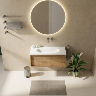 Saniclass Holz Frame Ensemble de meubles de salle de bains - 100x45x53.9cm - Chaci lavabo en céramique blanc - 1 vasque - sans trou de robinetterie - 1 tiroir - chêne natural mat (bois)
