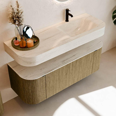 MONDIAZ THOR-DLUX 130cm meuble de salle de bains arrondi gauche + droite couleur Dusk avec 1 tiroir et 2 portes. Vasque suspendue CLOUD Droite 1 trou de robinet couleur Meli.