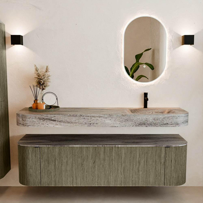 MONDIAZ THOR-DLUX Meuble de salle de bains 170cm arrondi gauche + droite couleur Shadow avec 1 tiroir et 2 portes. Vasque suspendue CLOUD Droite 1 trou de robinet couleur Oza.