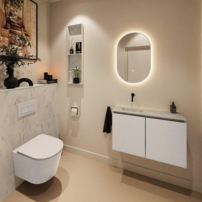 MONDIAZ TURE-DLUX Meuble de toilettes 80 cm Linen. Lavabo EDEN Opalo position gauche. Sans trou de robinet.