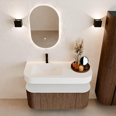 MONDIAZ THOR 110cm meuble de salle de bains arrondi gauche + droite couleur Walnut avec 1 tiroir et 2 portes. Vasque suspendue CLOUD gauche 1 trou de robinet couleur Talc.
