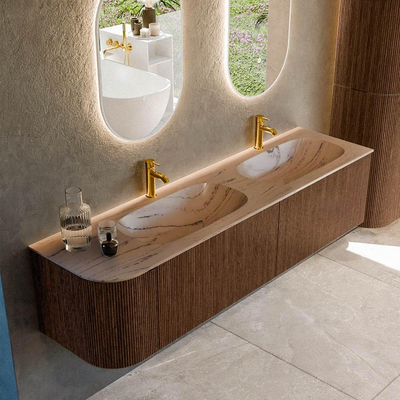 MONDIAZ KURVE-DLUX 175cm badmeubel ronding Links kleur Walnut met 2 lades en 1 deur. Wastafel STOR SMALL Dubbel / Rechts 2 kraangaten Arena.
