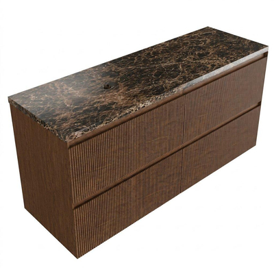 Saniclass Holz Atelier Ensemble de meubles de salle de bains - 140x45x63cm - Plan de toilette en pierre naturelle Noche dark emperador - sans trou de robinet - 4 tiroirs - noyer pure mat (bois)