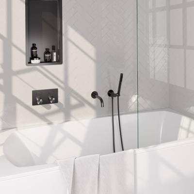BRAUER gunmetal Carving thermostatische inbouw badkraan - drukknoppen SET 03 - uitloop - staaf handdouche - doucheslang - wandaansluitbocht - gunmetal geborsteld PVD