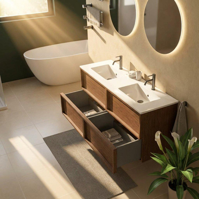 Saniclass Holz Frame Ensemble de meubles de salle de bains - 140x45x62cm - Lavabo Vygo en céramique blanc - 2 vasques - 2 trous de robinetterie - 4 tiroirs - brillant walnut pure (bois)