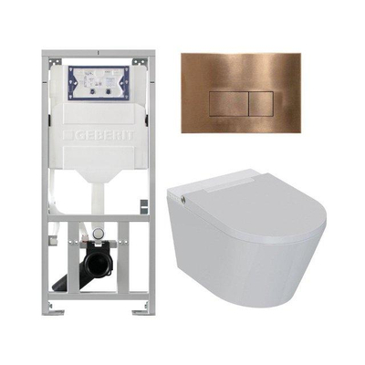 QeramiQ Luma Ensemble WC-douche - Réservoir encastré Geberit UP320 - avec châssis Burda - sèche-cheveux - douchette féminine - plaque de commande cuivrée - boutons rectangulaires - blanc brillant