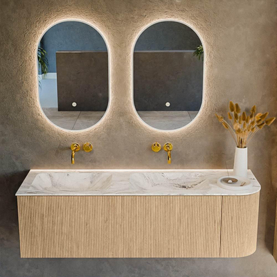 MONDIAZ KURVE-DLUX 145cm Meuble salle de bain avec module 25 D - couleur Oak - 1 tiroir - 1 porte - vasque LEAF double / gauche - sans trou de robinet - couleur Glace