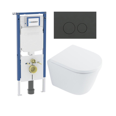 QeramiQ Dely Toiletset - 36.3x51.7cm - diepspoel - rimless - Geberit UP720 inbouwreservoir - softclose toilet zitting - 35mm - bedieningsplaat mat antraciet - ronde knoppen - glans wit