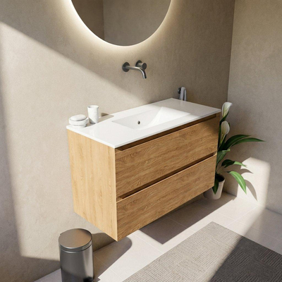 Saniclass Holz Pure Ensemble de meubles de salle de bains - 100x45x62cm - Vasque Vygo en céramique blanche - 1 vasque - sans trou de robinet - 2 tiroirs - chêne naturel mat (bois)