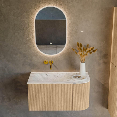 MONDIAZ KURVE-DLUX meuble de salle de bains 85cm avec module 25 R couleur chêne avec 1 tiroir et 1 porte. Vasque CLOUD gauche sans trou de robinetterie couleur Glace.