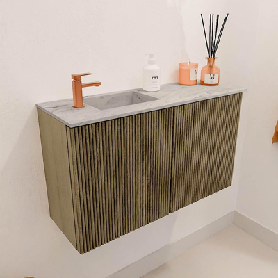 Mondiaz JOYA-DLUX 70cm toiletmeubel - kleur Dusk - Wastafel FAYE positie Links 1 kraangat kleur Glace.