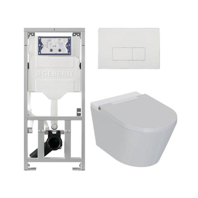 QeramiQ Luma Ensemble WC-douche - Réservoir encastré Geberit UP320 - avec cadre Burda - sèche-cheveux - douchette féminine - plaque de commande en plastique blanc brillant - boutons rectangulaires - blanc brillant
