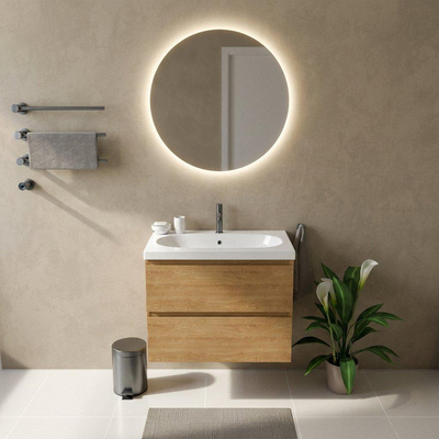 Saniclass Holz Pure Ensemble de meubles de salle de bains - 80x45x63.5cm - Lavabo en céramique Palermo blanc - 1 vasque - 1 trou de robinet - 2 tiroirs - chêne natural mat (bois)