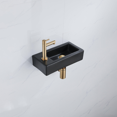 QeramiQ Fuente Fonteinset - 37.5x18.5x9cm - keramiek - kraangat links - fonteinkraan geborsteld messing - afvoerplug - verlaagd sifon - Mat Zwart