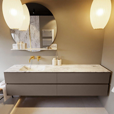 Mondiaz VICA-DLUX ensemble de meuble de salle de bain - 200cm - meuble sous-vasque fumée - 4 tiroirs - lavabo encastré nuage gauche - sans trous de robinet - version haute de 60cm - glace