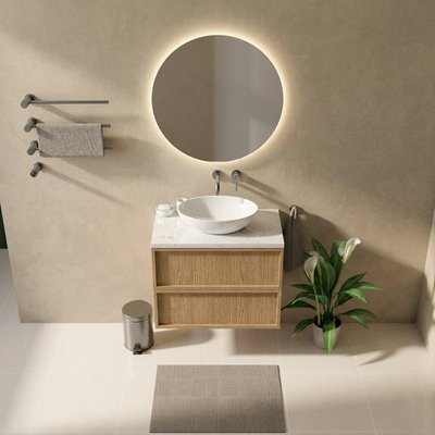 Saniclass Holz Frame Ensemble meuble de salle de bains - 80x45x63cm - Plan de lavabo en marbre Dia poli (blanc) - sans trou de robinetterie - 2 tiroirs - chêne natural mat (bois)