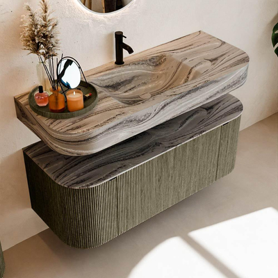 MONDIAZ THOR-DLUX 120cm meuble de salle de bains arrondi gauche + droite couleur Shadow avec 1 tiroir et 2 portes. Vasque suspendue CLOUD Milieu 1 trou de robinet couleur Sombra.