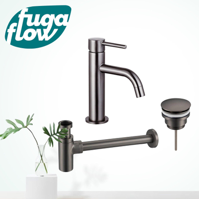 FugaFlow Eccelente Sobrado Badkamer Slim Wastafelkraanset - lage wastafelkraan - klikwaste plug - design sifon - PVD Gepolijst Gunmetal