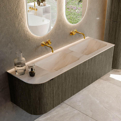 MONDIAZ KURVE-DLUX 145cm meuble de salle de bains arrondi gauche couleur Shadow avec 1 tiroir et 1 porte. Lavabo LEAF Double / Droite sans trou de robinet Meli.