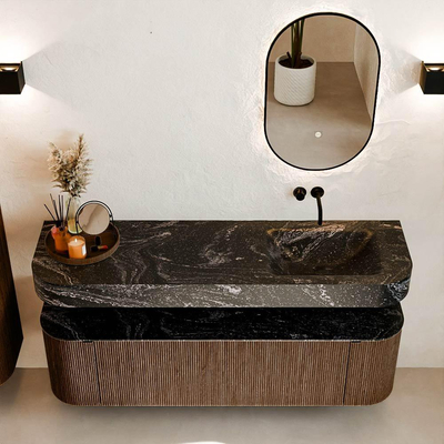 MONDIAZ THOR-DLUX 160cm meuble de salle de bains arrondi gauche + droite couleur Walnut avec 1 tiroir et 2 portes. Vasque suspendue CLOUD droite sans trou de robinet couleur Lava.